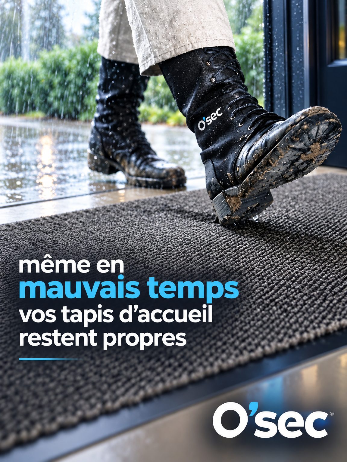 Même en mauvais temps, vos tapis d'accueil O'Sec restent propres