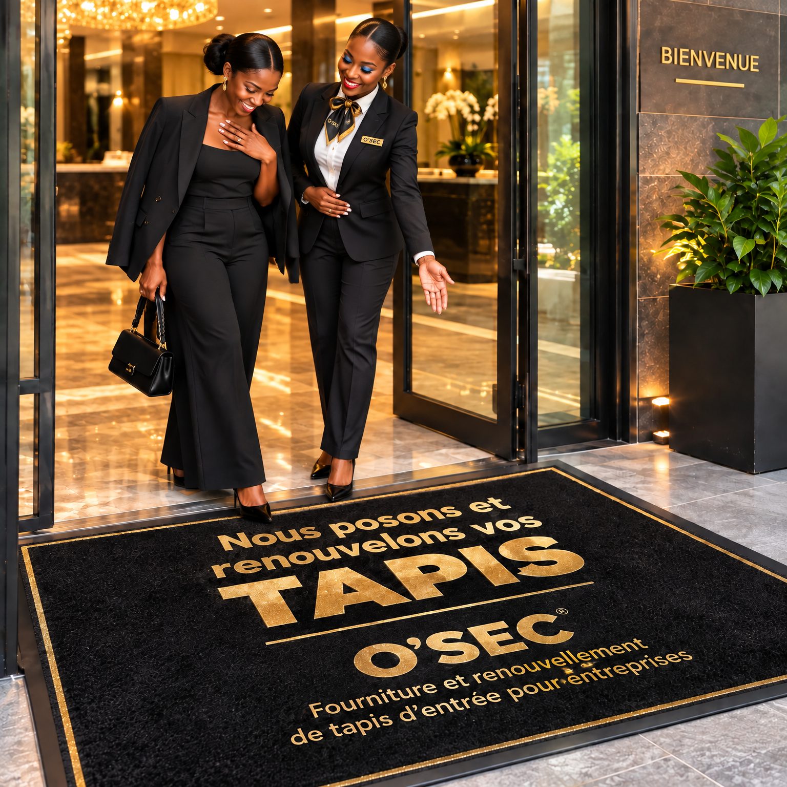 Démonstration du tapis O'Sec à l'entrée d'une entreprise, personnel d'accueil en tenue O'SEC