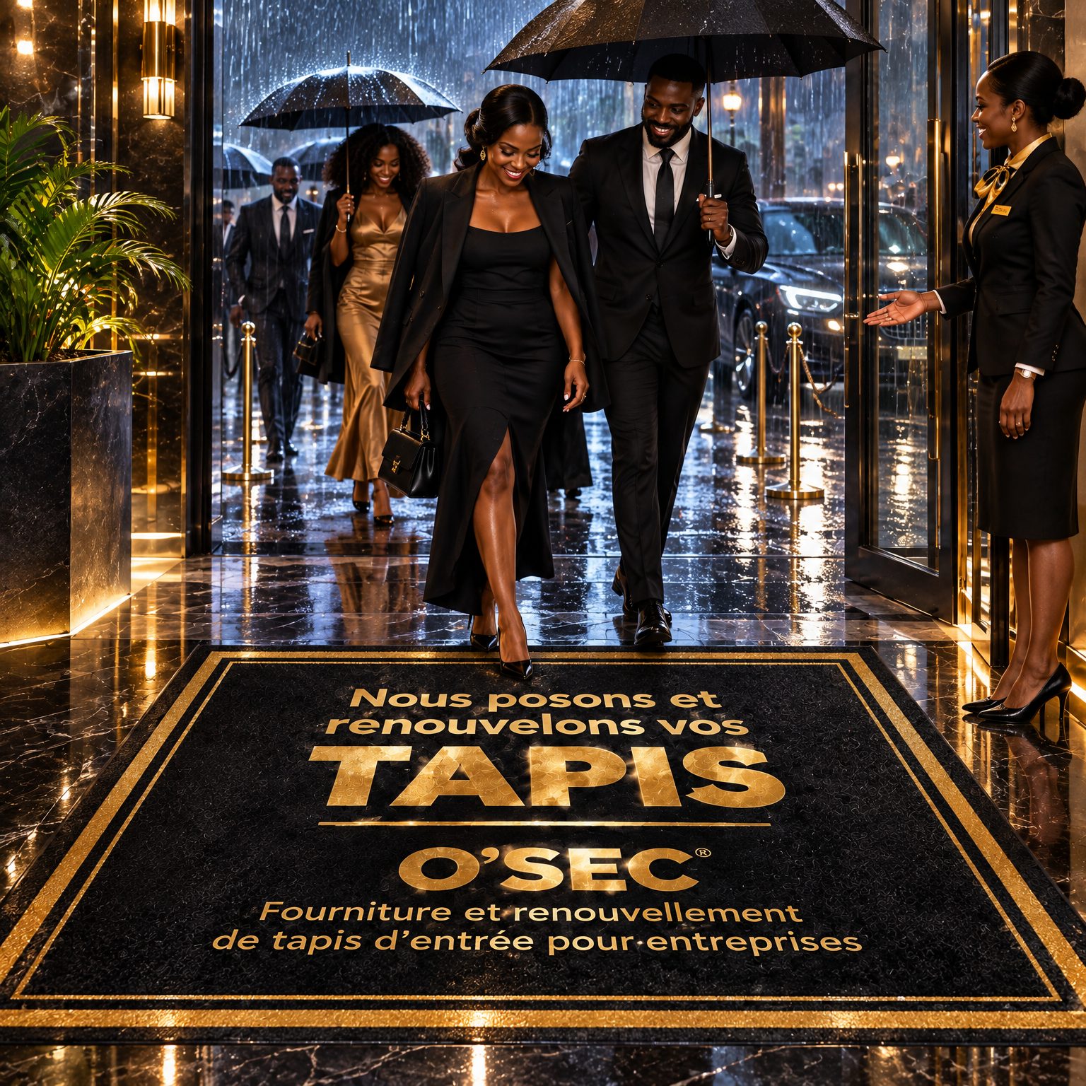 Sous la pluie, le tapis O'Sec absorbe tout — entrée d'hôtel avec le tapis O'SEC