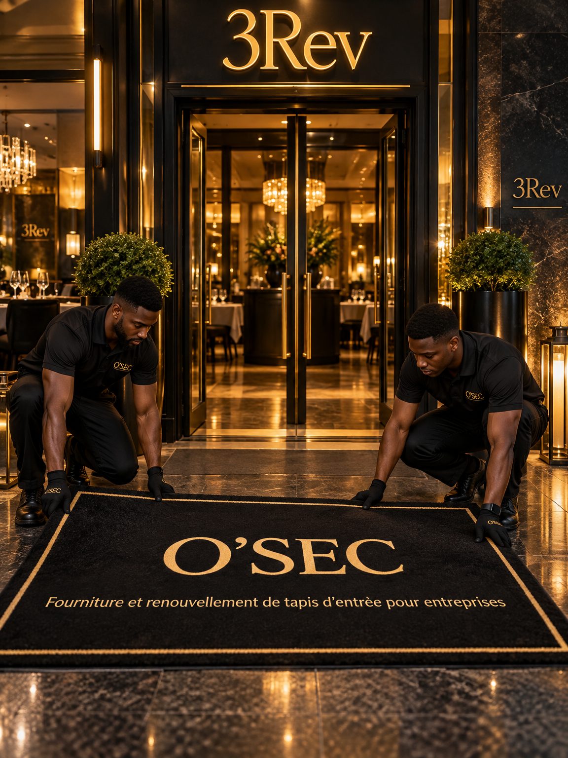 Deux agents O'Sec installent un tapis d'accueil O'SEC à l'entrée d'un restaurant