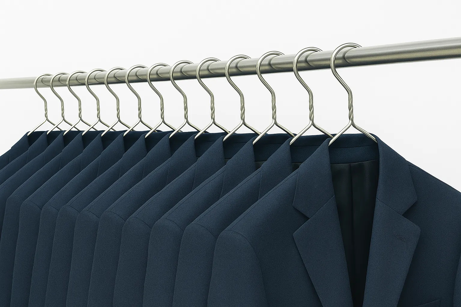 Costumes bleu marine sur cintres, prêts pour le nettoyage à sec