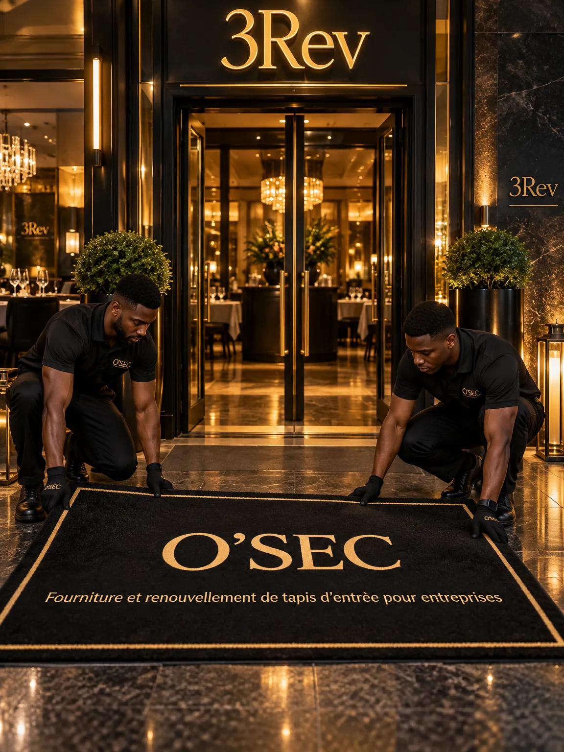 Deux agents O'sec installent un tapis d'accueil O'sec à l'entrée du restaurant 3Rev