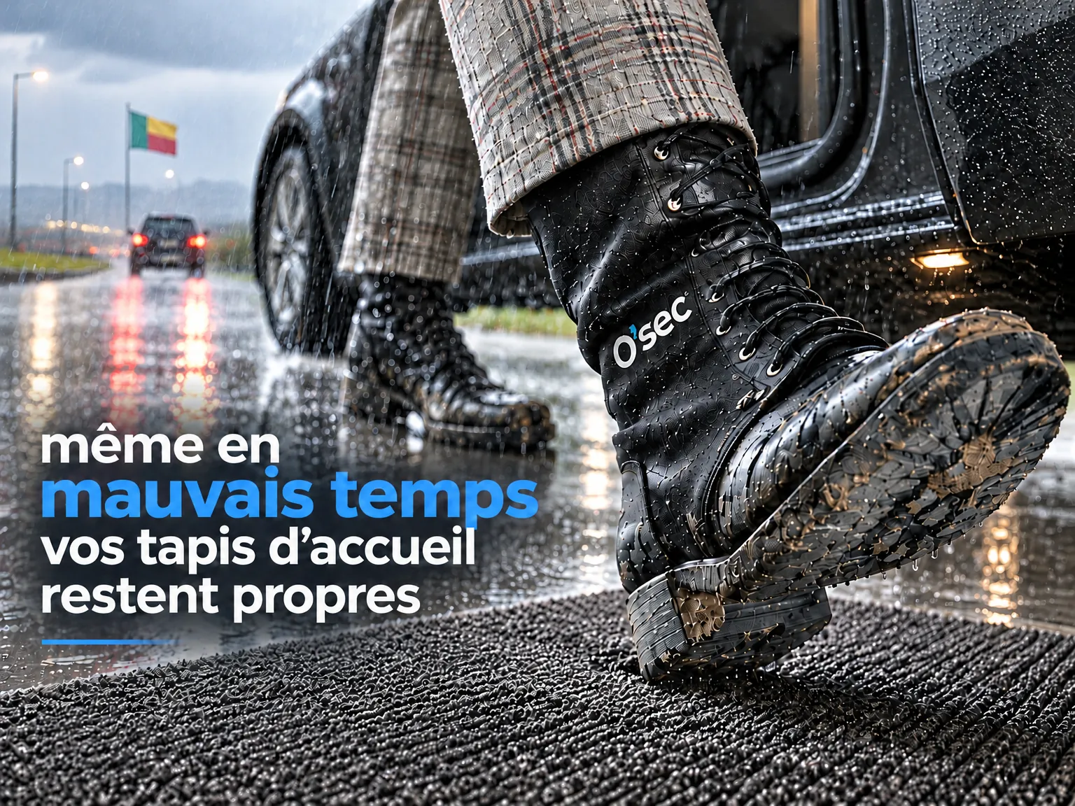 Sous la pluie, une botte O'sec pose sur le tapis d'accueil à la descente d'un véhicule garé