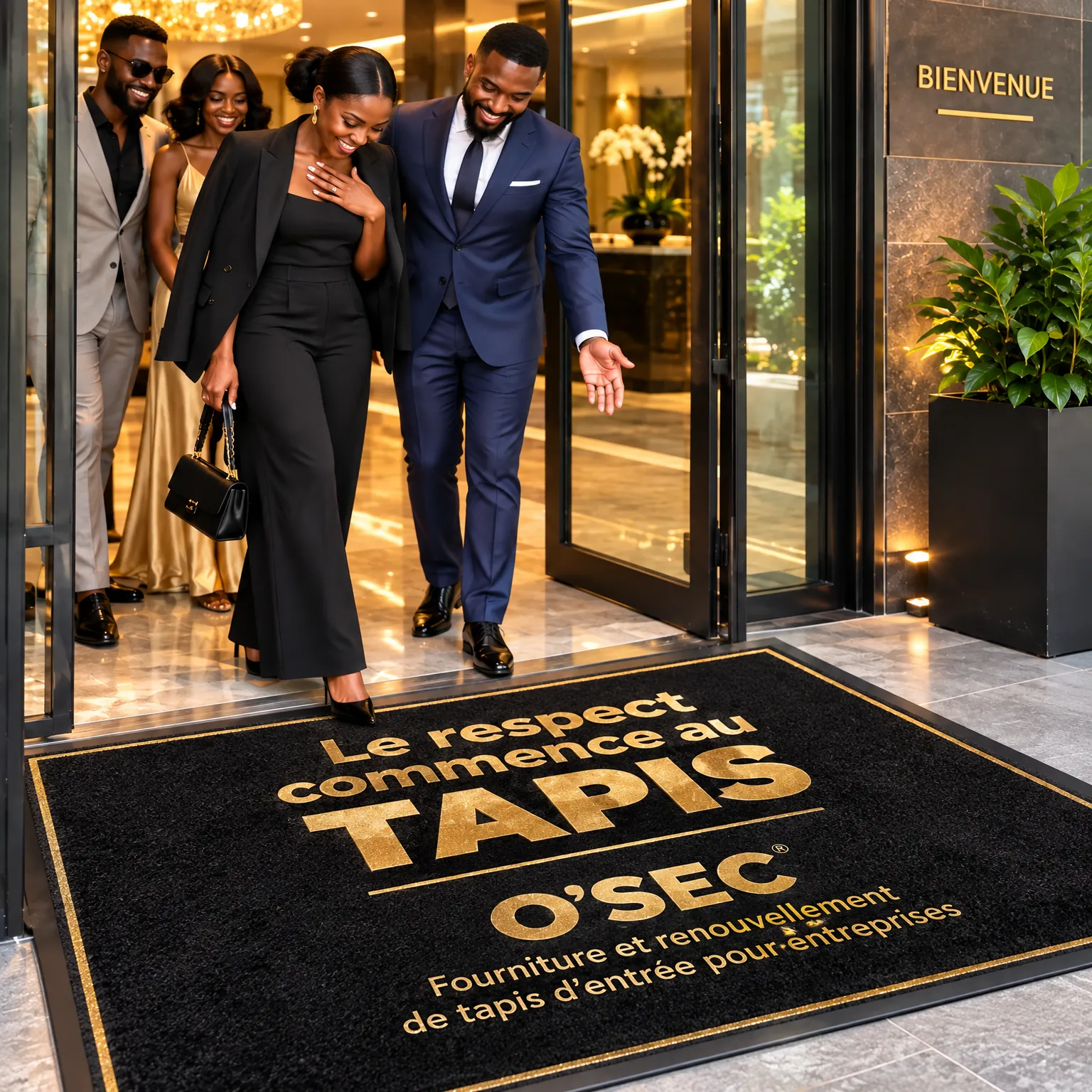 Tapis d'entrée O'sec « Le respect commence au tapis », installé à l'entrée d'un hall d'entreprise