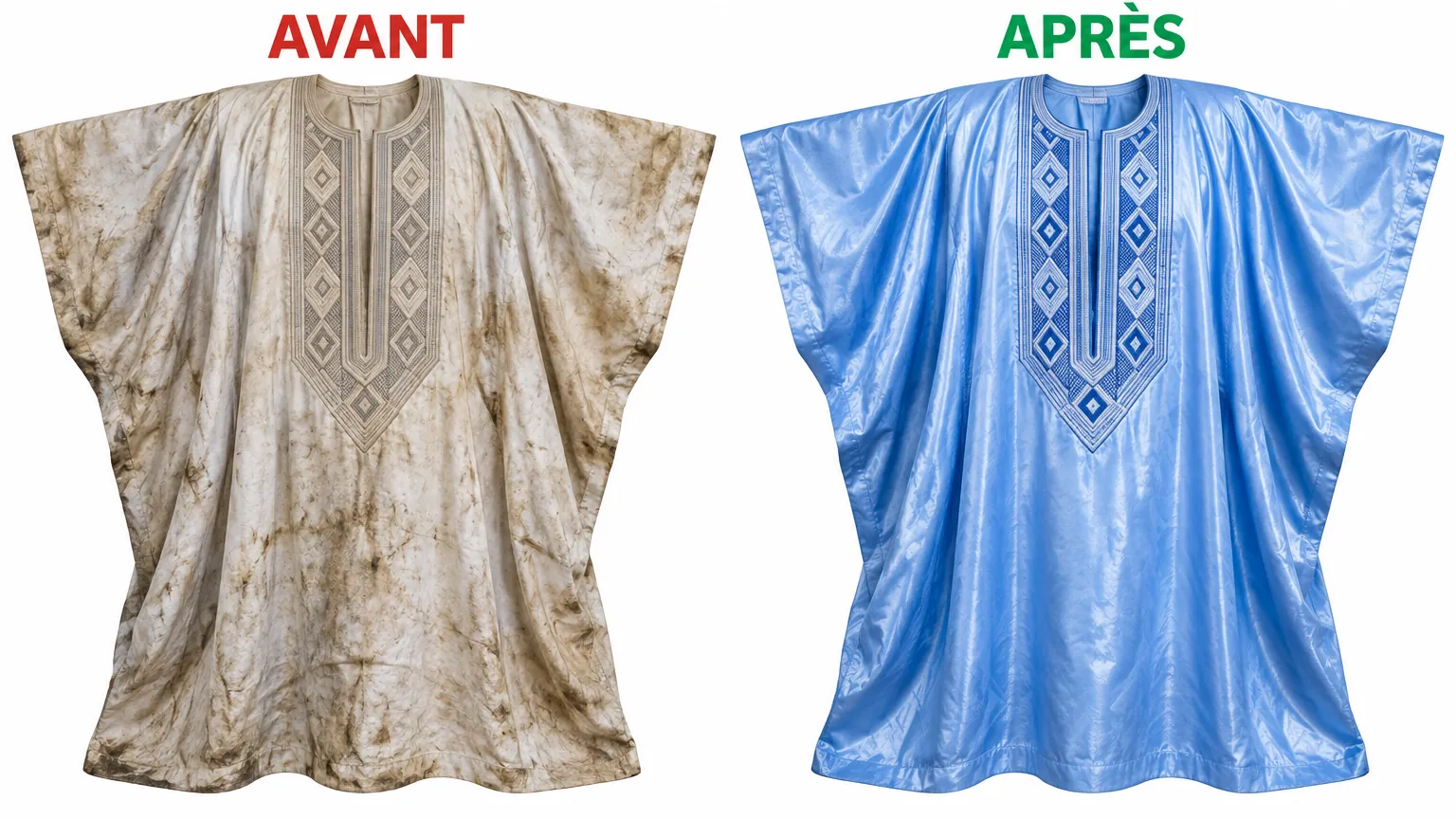 Boubou brodé teint de beige taché à bleu ciel par O'sec, avant / après